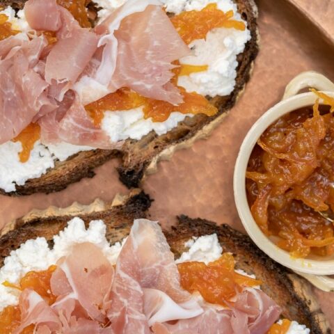 Prosciutto and Ricotta Tartine with Mandarin-Honey Marmalade