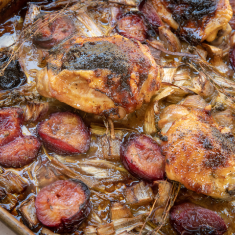 Roasted Chicken Thighs with Plums & Vinegar
