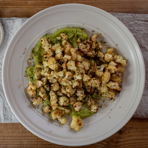 Crispy Cauliflower with Creamy Avocado Sauce and Coconut-Lime Gremolata