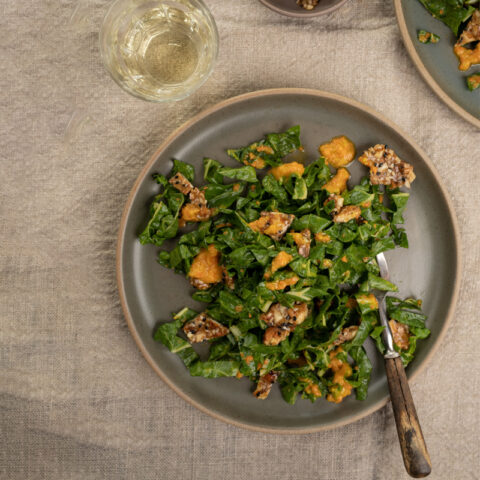 Swiss Chard Salad with Carrot-Miso Dressing and Almond Butter Brittle