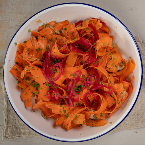 Carrot Ribbons with Persimmon Pickled Red Onion Vinaigrette