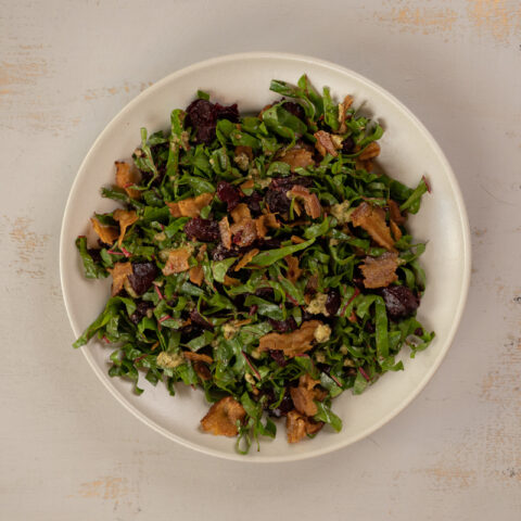 Warm Smashed Beet and Bacon Salad with Pickle Vinaigrette