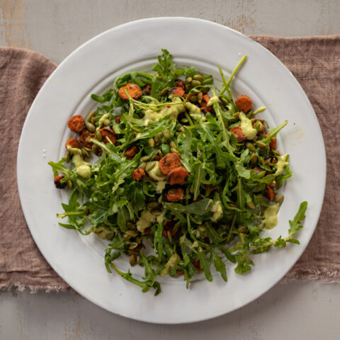 Blackened Carrot and Arugula Salad with Avocado Ranch Dressing