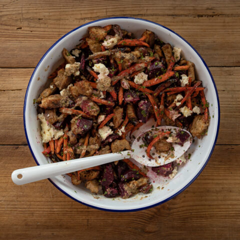 Roasted Beet and Carrot Panzanella Salad with Baked Lemon Ricotta